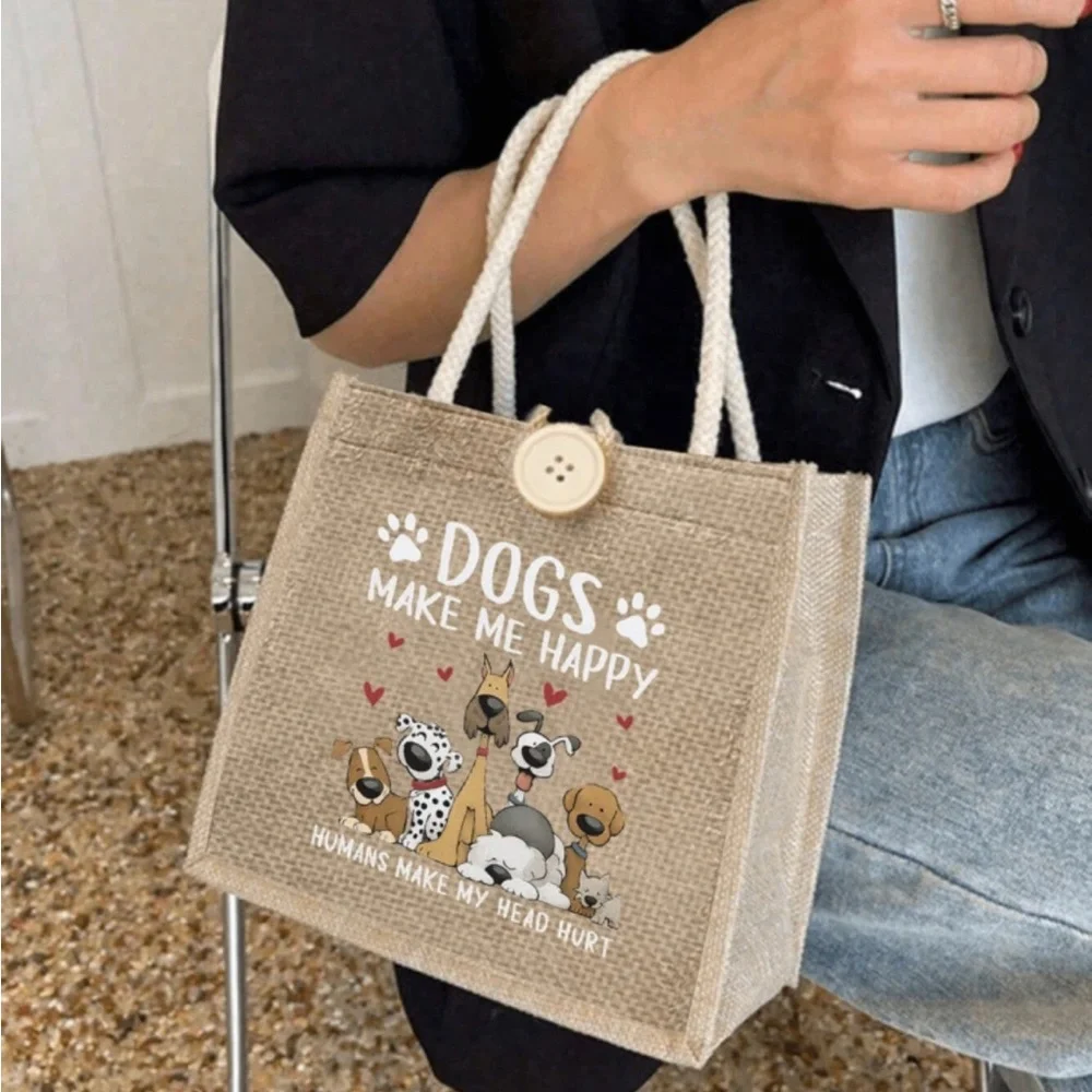 Charming 2 piece Dog Print Jute Tote Bag Set- Tan